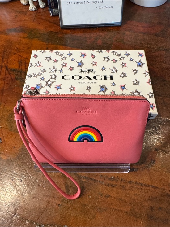 Coach Handbags - Coach Pink Leather Wristlet with Rainbow Patch